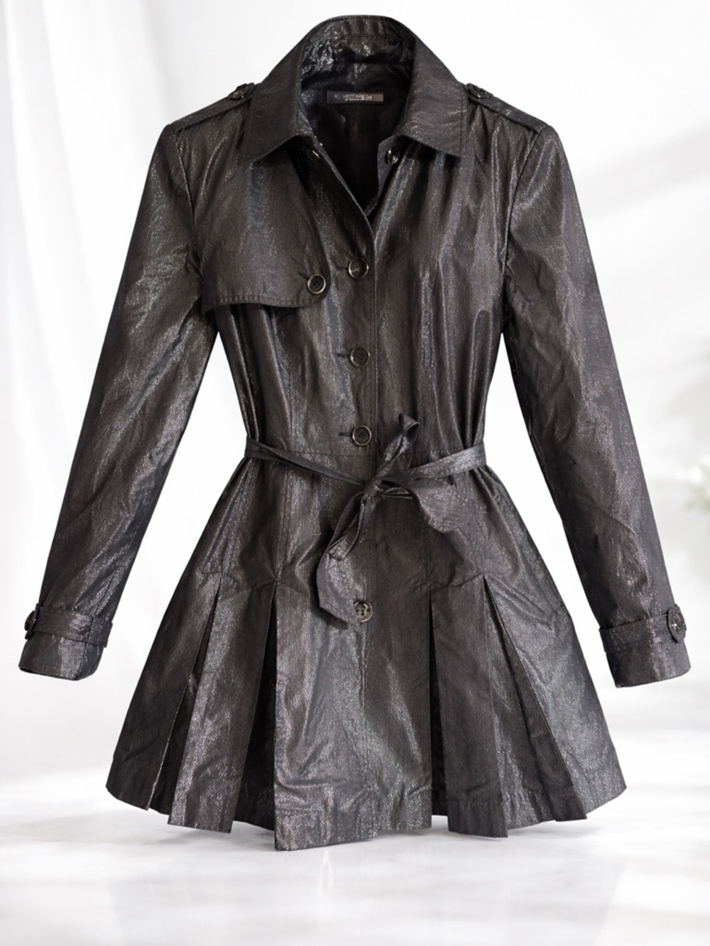 Attitude Jay Manuel Metallic Trench Jacket Size 14 Black Belted Night Out Coat